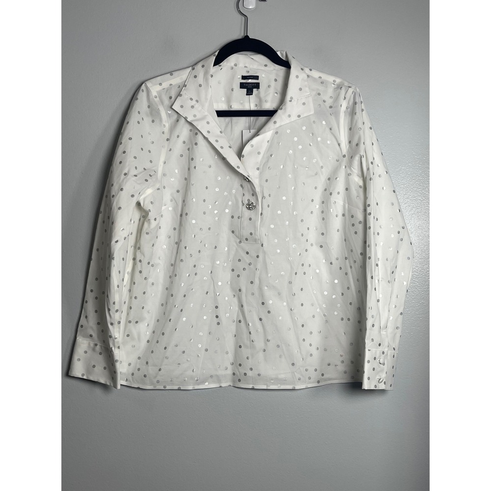 TALBOTS Non-Iron Popover Scattered Dots Blouse Large Petite LP NEW Silver Shirt